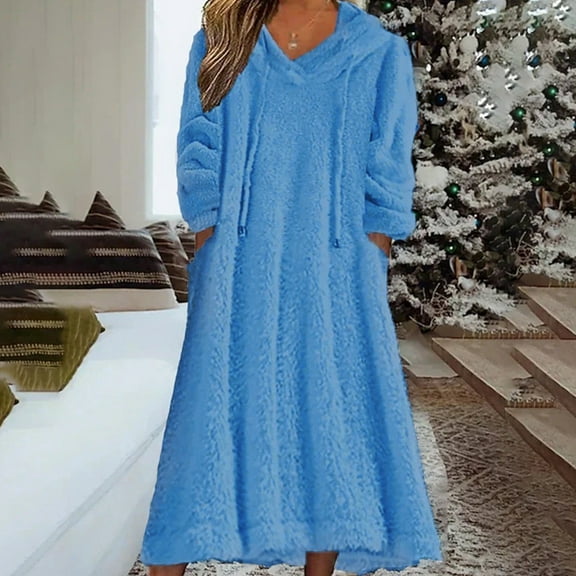 Casual Holiday Dresses for Women New Fashion Women Casual Loose Round Neck Hooded Long Sleeve Comfy Pockets Dresses Style B-26 Light Blue L