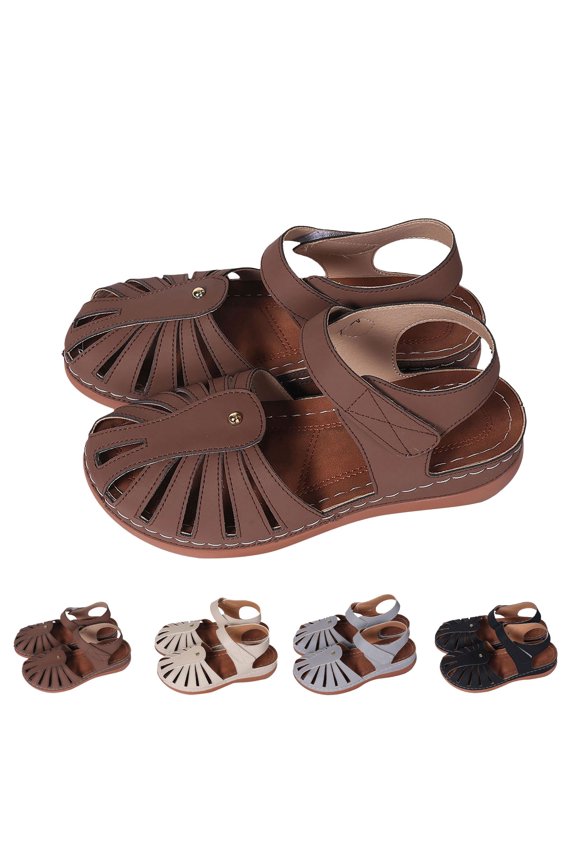 Casual Hollow Closed‑Toe Platform Sandals for Women, Breathable Cage‑Style Faux Leather Adjustable Strap Non‑slip Summer Beach & Shopping Footwear Coffee 36