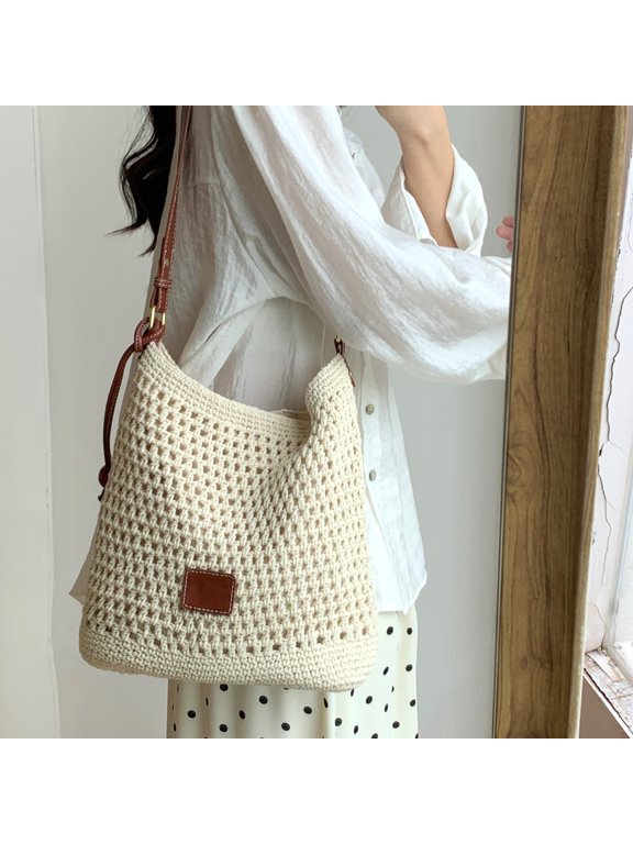 Casual Hollow Knit Cotton Rope Bucket Bag for Women, Soft PU Medium Tote with Magnetic Closure, Spacious Boho Street Style Shoulder Bag for Daily Use