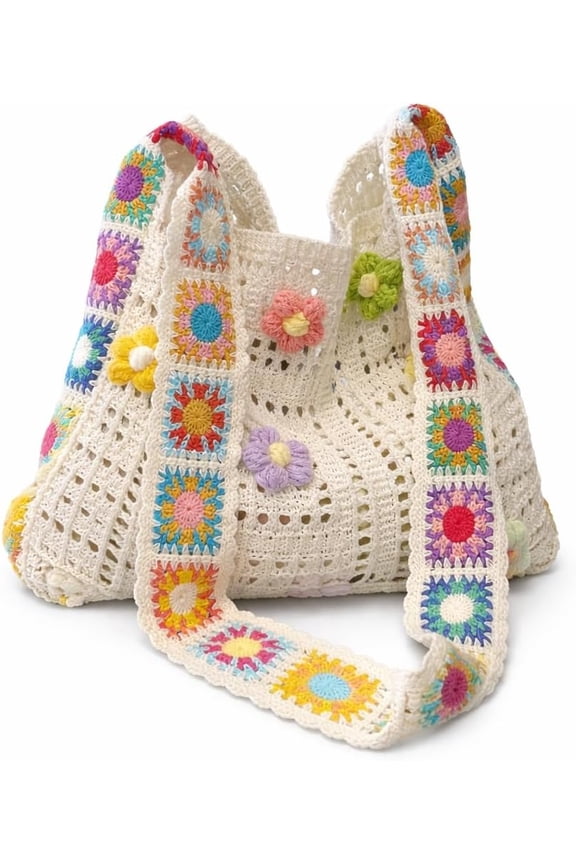 Casual Hollow Knit Tote Bag Large Capacity Boho Woven Shoulder Bag, Handmade Crochet Flower Tote for Beach Travel, Vintage Sea Turtle Motif