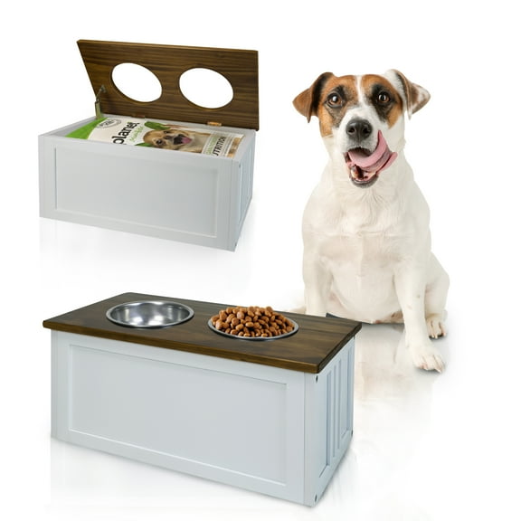 Casual Home 100% Solid Wood Double Bowl Pet Feeder Stand with Storage Box