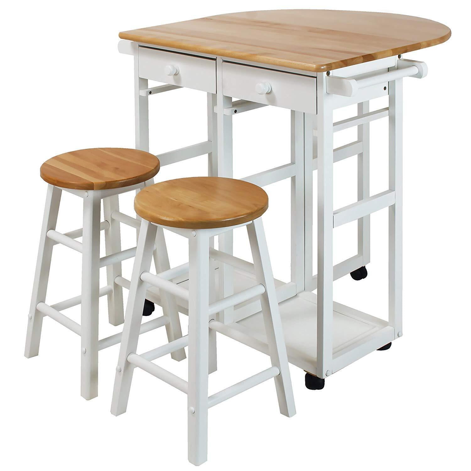 White Solid Wood Drop-Leaf Kitchen Cart with Storage