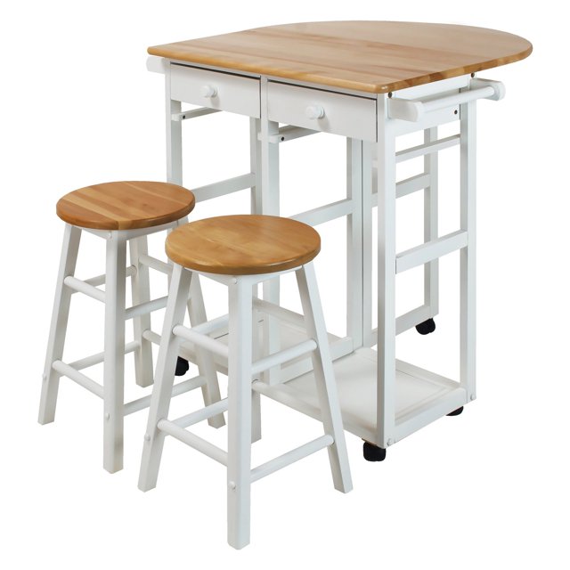 Casual Home Breakfast Kitchen Cart with Drop Leaf Table White