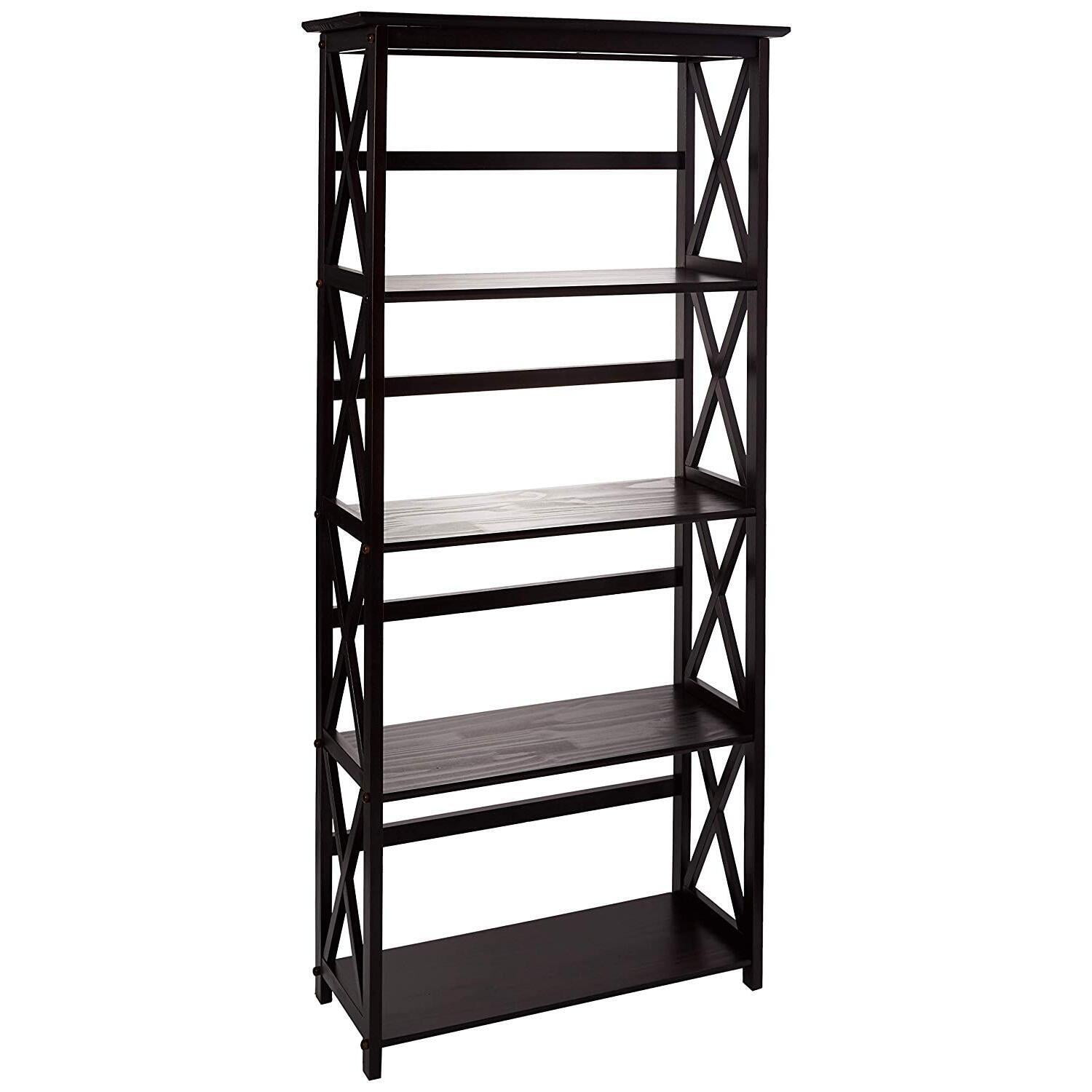 Espresso Solid Wood Adjustable 5-Shelf Bookcase with X-Design