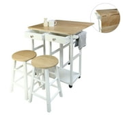 Casual Home New Folding Square 3-Piece Space Saving Dining Table Rolling Cart with Drawer and Two Stools, Two-Tone Finish Natural White