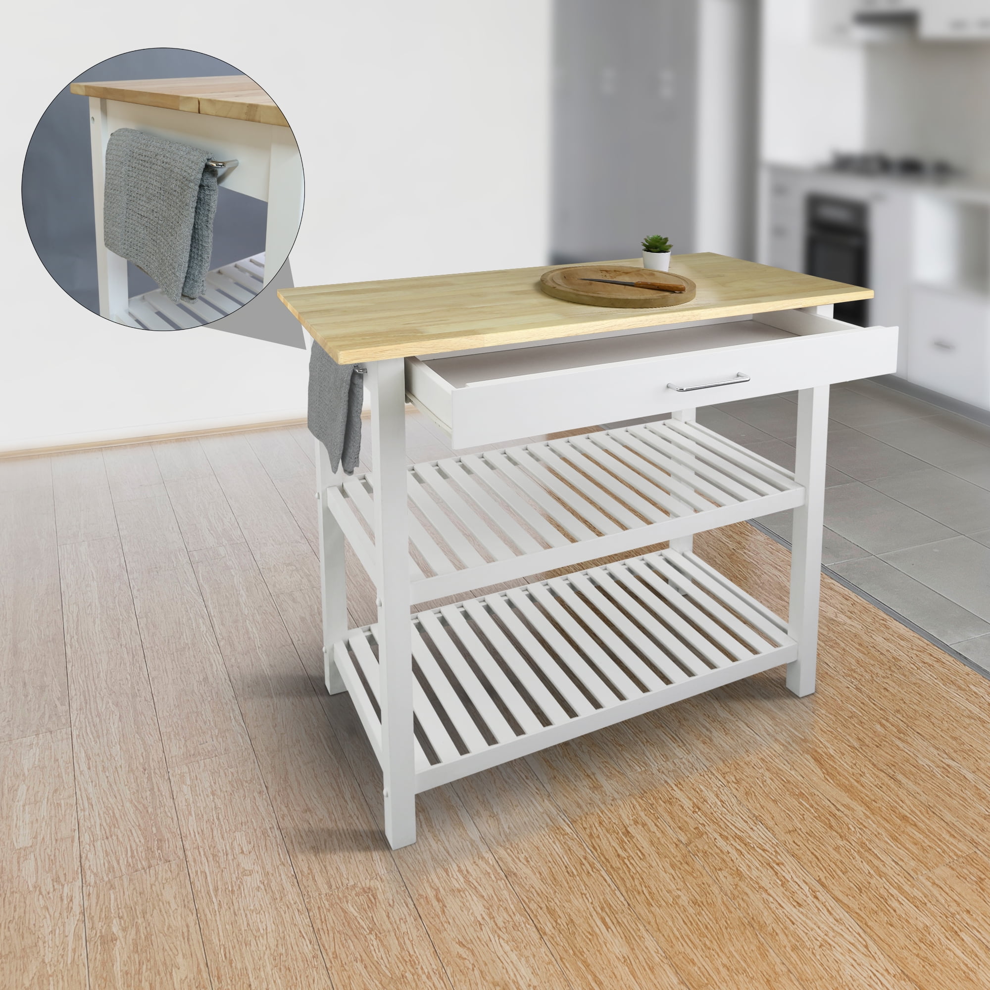 Casual Home Solid Wood 40"W Kitchen Island with Drawer, Two Shelves, and Towel Racks, American Maple Top,&nbsp;Two-Tone Finish (Natural&nbsp;White)