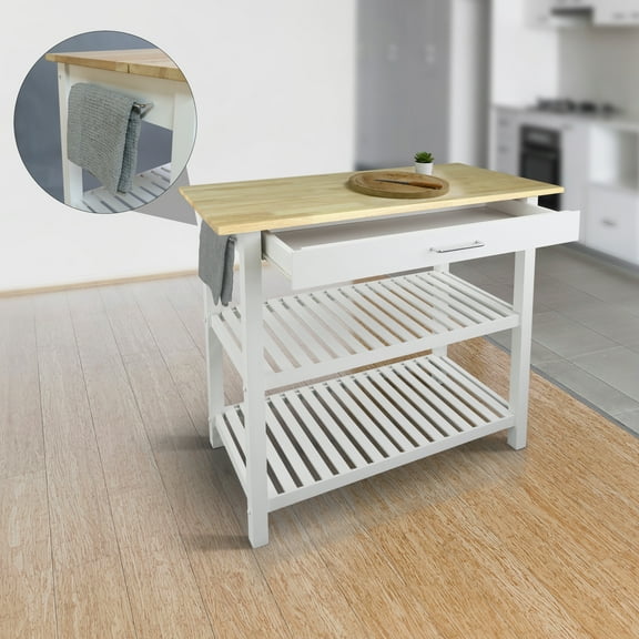 Casual Home Solid Wood 40"W Kitchen Island with Drawer, Two Shelves, and Towel Racks, American Maple Top,Two-Tone Finish (NaturalWhite)