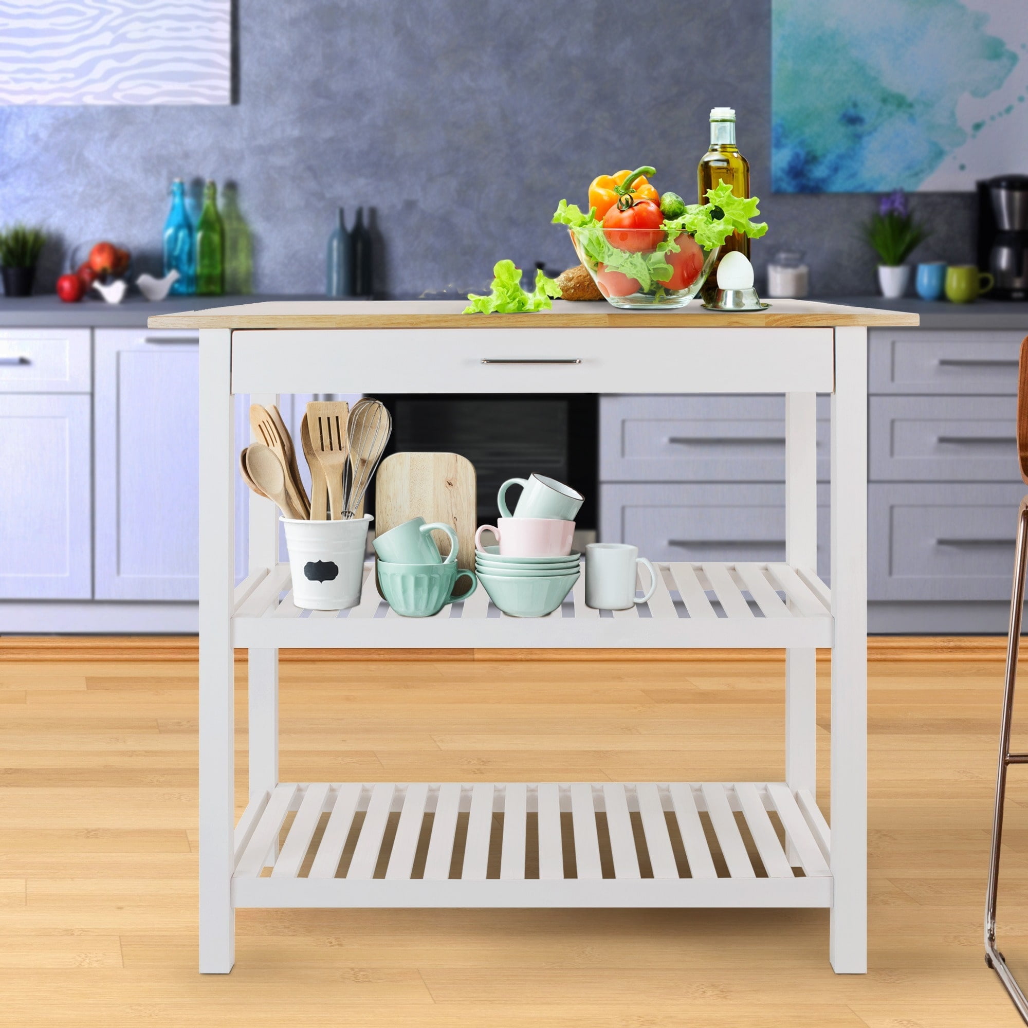 ARTCHIRLY Brown Solid Wood Top 50.8 in. Dark blue Kitchen