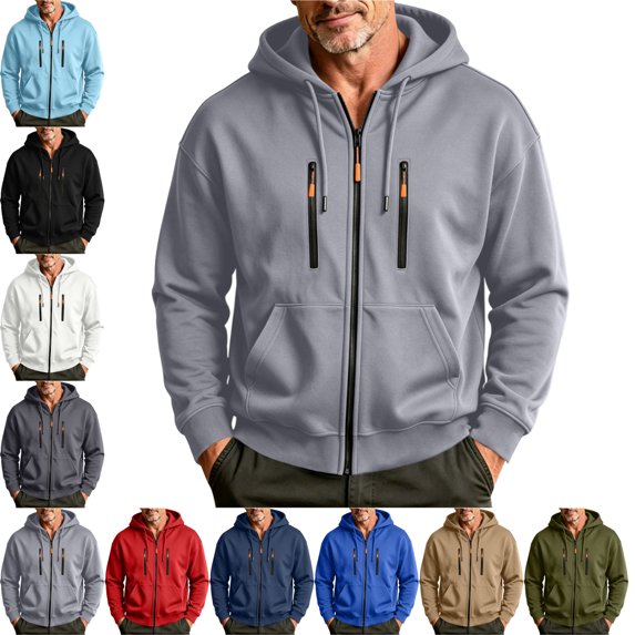 Casual Hooded Jackets for Men Zip Up Long Sleeve with Pockets Outdoor Jacket