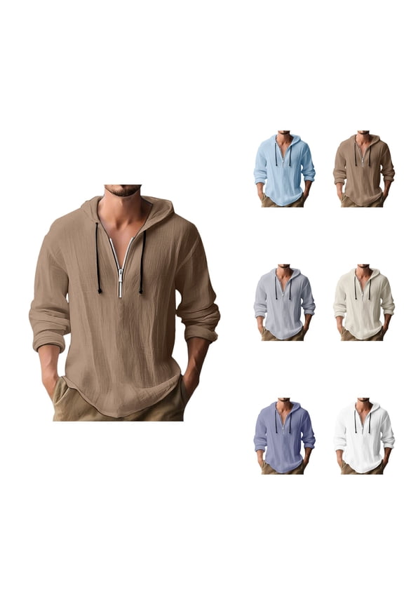 Casual Hooded Linen Shirt, Long Sleeve Loose Fit Pullover Top for Men, Lightweight Cotton Linen Half Zip Sweatshirt, Comfortable Outdoor Sports & Daily Wear Fall Outwear