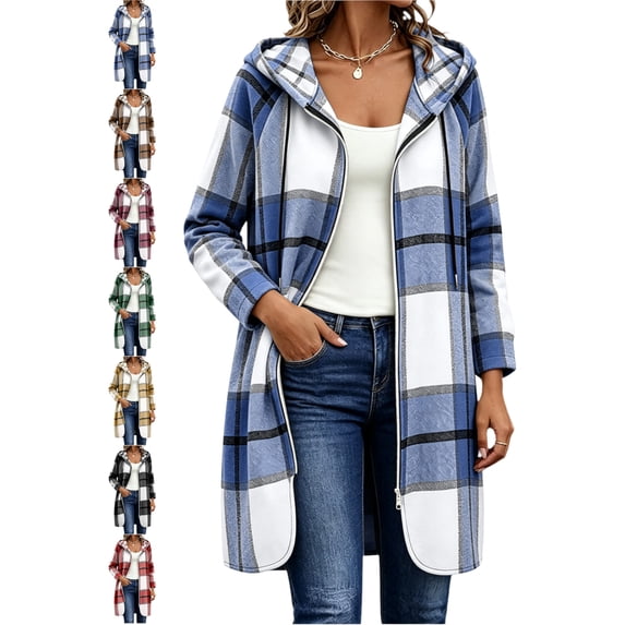 Casual Hooded Plaid Jackets for Women Zip Up Long Sleeve Oversized Mid-Length Coat