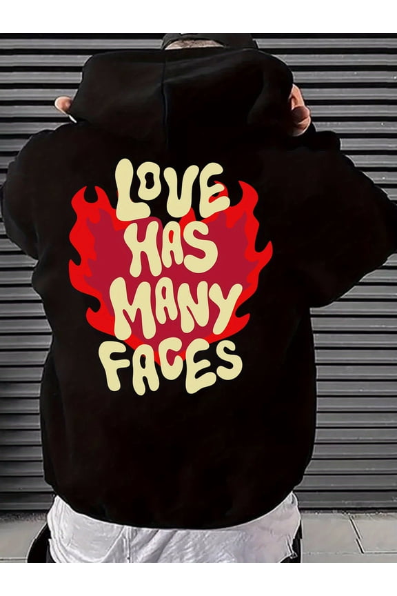 Casual Hooded Sweatshirt With Geometric Love Has Many Faces Print, Polyester Hoodie, Regular Fit, With Pocket, Slight Stretch Fabric, For Spring/autumn