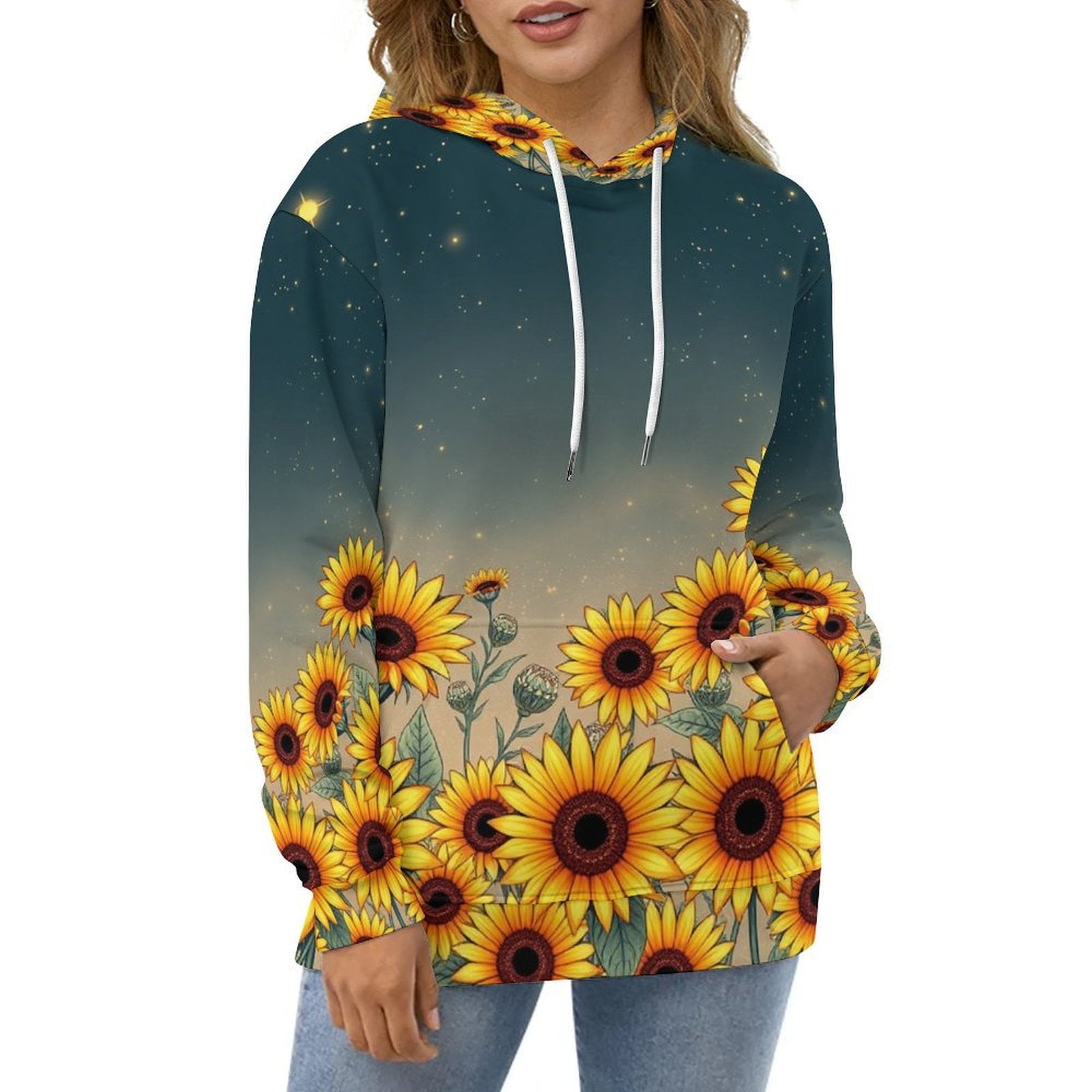 Cartoon Sunflower Pattern Print Women Hoodie Dress