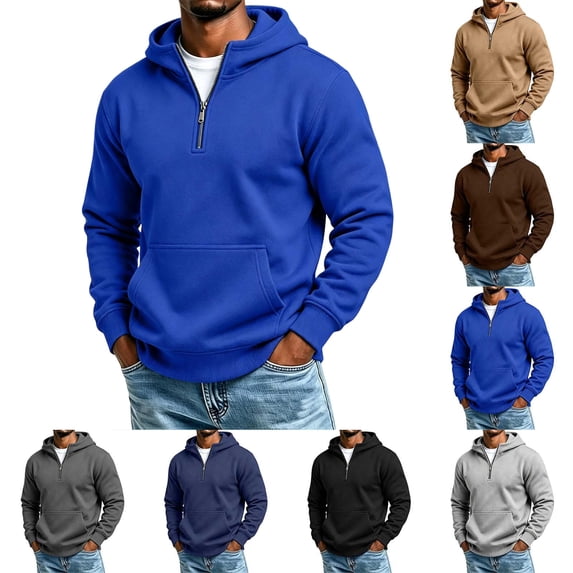 Casual Hoodies for Men,Half Zip,Long Sleeve Solid Sweatshirt with Kangaroo Pocket for Campus Daily Looks