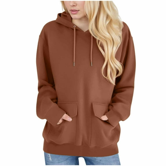 Casual Hoodies for Women Loose Solid Color Long Sleeve Drawstring Sweatshirts Trendy Outdoor Joggers Daily Pullover Sweatshirt Coffee XXL