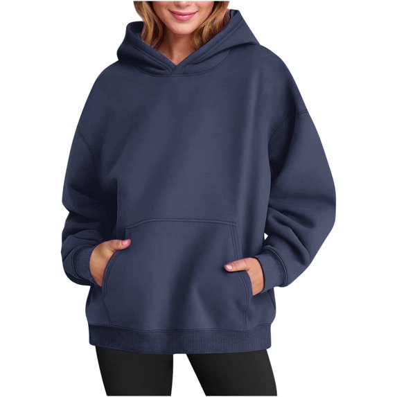 Casual Hoodies for Women with Pocket Pullover Sweatshirts Ladies Basic Solid Long Sleeve Comfort Fleece Lined Loose Fit Hooded Tops