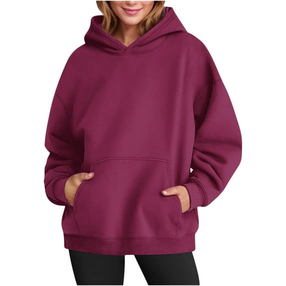 Casual Hoodies for Women with Pocket Pullover Sweatshirts Ladies Basic Solid Long Sleeve Comfort Fleece Lined Loose Fit Hooded Tops