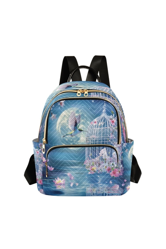 Casual Hummingbird Cage Flowers Moonlit Scene Backpack for School,College and Travel, Water Resistant Bookbag,