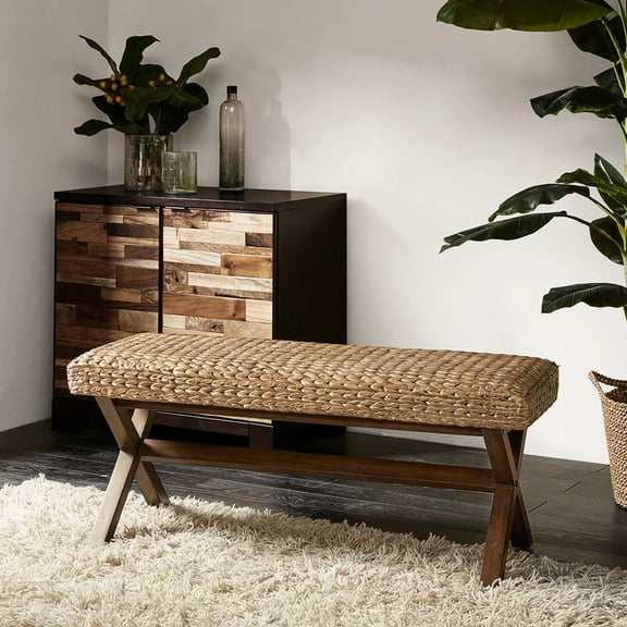 Casual Indoor Bench with Chestnut Finish | Ideal for Dining and Bedroom Spaces | Woven Water Hyacinth on Mahogany Frame | 400 lbs Weight Capacity