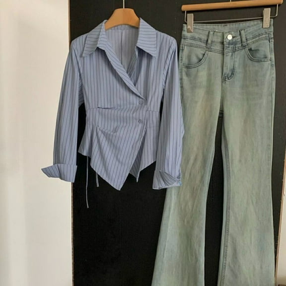 Casual Irregular Waist Slim Striped Shirt Blue S YIWEI