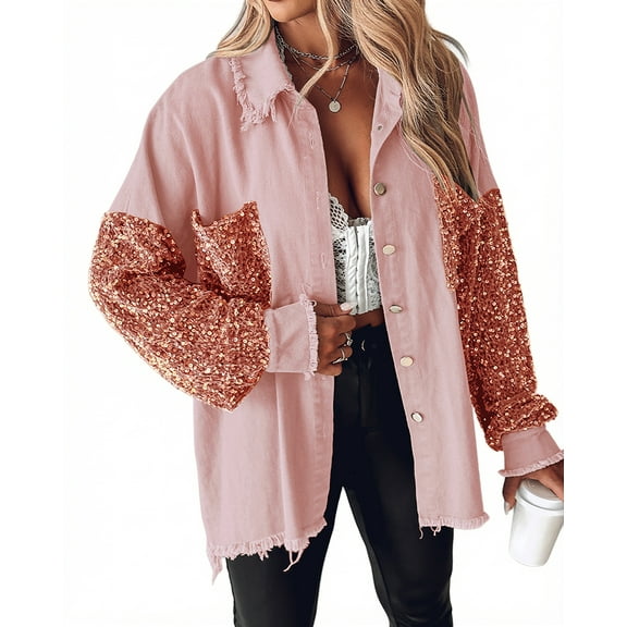Casual Jacket Sequin Patchwork Long Sleeve Jacket Top Button Front Raw Hem Oversized Denim Shacket