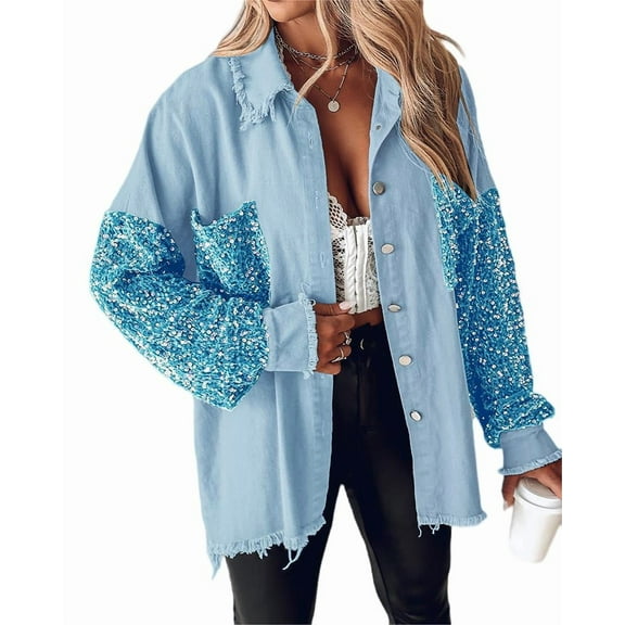 Casual Jacket Sequin Patchwork Long Sleeve Jacket Top Button Front Raw Hem Oversized Denim Shacket