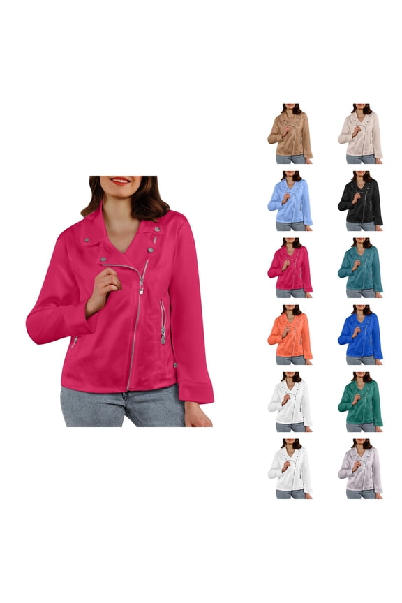Casual Jacket for Women Fall Faux Suede Long Sleeve Slim Fit Zip Up Collared Cropped Jacket with Pockets Outerwear
