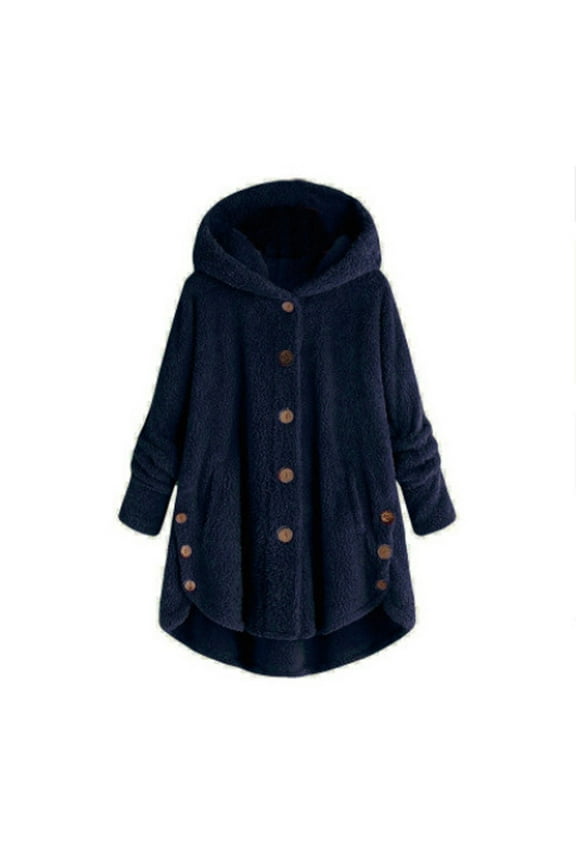 Casual Jacket for Women Plus Size Button Plush Tops Hooded Loose Cardigan Wool Coats Jacket Thick Fleece Outerwear