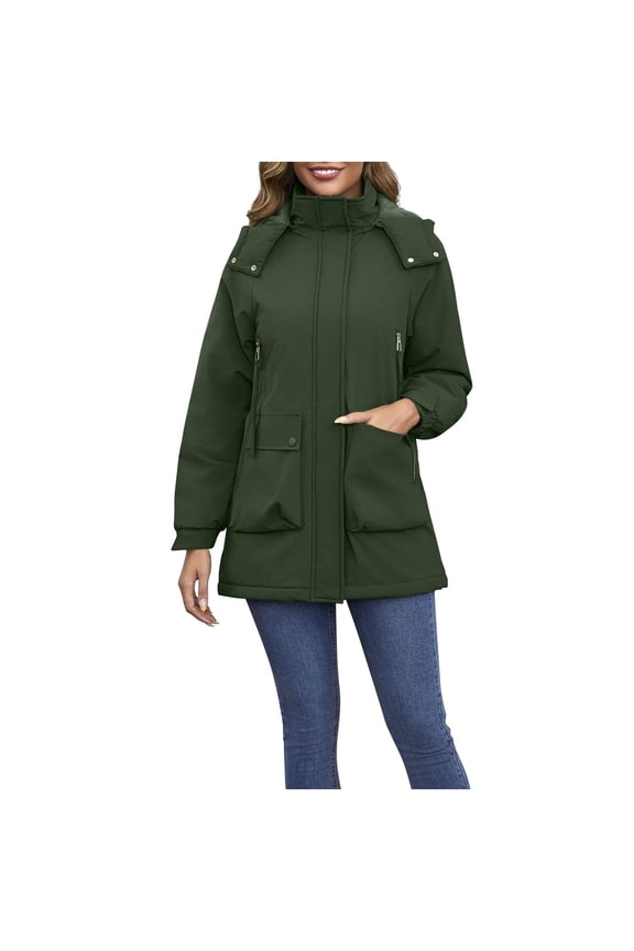 Casual Jackets for Women Fall New Womens Puffer Jacket Solid Color Warm Raincoat Waterproof Windproof Long Sleeved Windbreaker with Pockets Army Green L