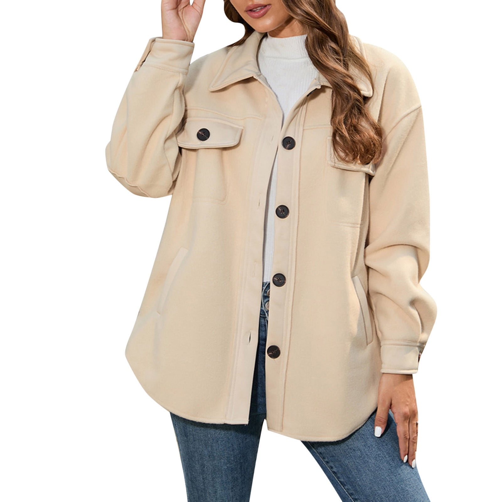 Clearance Promotion Fall Winte Women's Jacket Coat Solid Color Shacket  Jacket Casual Lapel Lightweight Buttons Zipper Pocket Hight Waist Coat  Winter