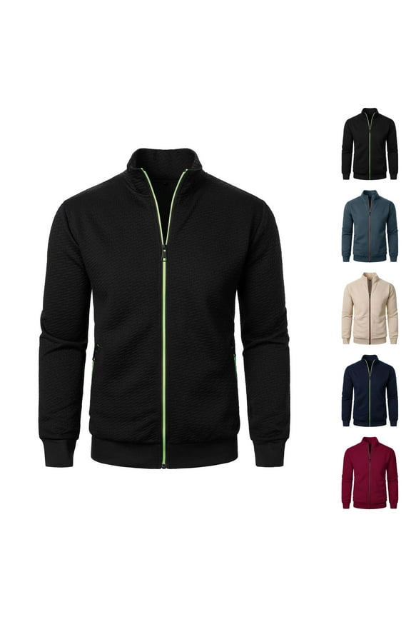 Casual Jackets for Men 2025 Jacquard Long Sleeve Stand Collar Zip Up Jacket with Pockets Outerwear Coat