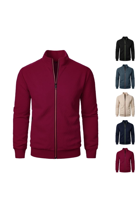 Casual Jackets for Men 2025 Jacquard Long Sleeve Stand Collar Zip Up Jacket with Pockets Outerwear Coat