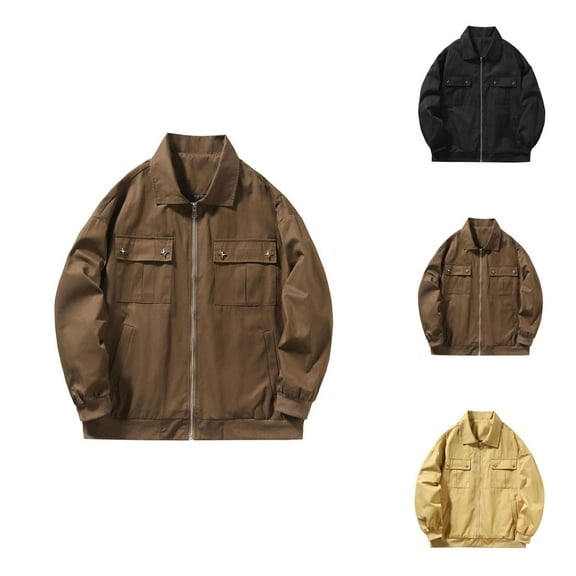 Casual Jackets for Men 2025 Loose Plain Long Sleeve Collared Zip Up Jacket with Pockets Outerwear Coat