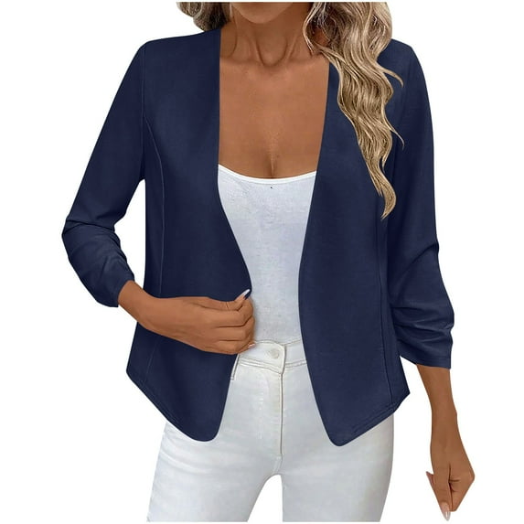 Casual Jackets for Women 3/4 Sleeve Solid Color Lapel Cardigan Casual Business Commuting Wear Spring Fall Outfits (XL, Navy)