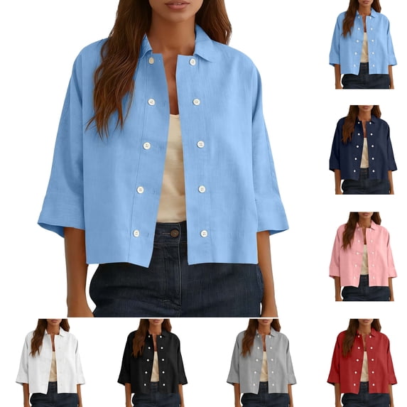 Casual Jackets for Women Cotton Linen Cropped Shacket Lapel Collar 3/4 Sleeve Button Down Shirt Jacket Lightweight Solid Casual Outerwear M