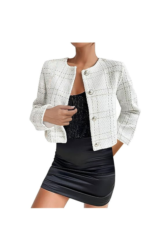 Casual Jackets for Women Fall New Women's Fall Cropped Blazer Jacket Plaid Open Front Elegant Cardigan Casual Business Office Coats White S