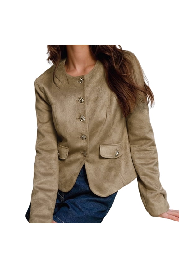 Casual Jackets for Women Long Sleeve Button Down Round Neck Vintage Going Out Brown Suede Jacket Women Camel Color S
