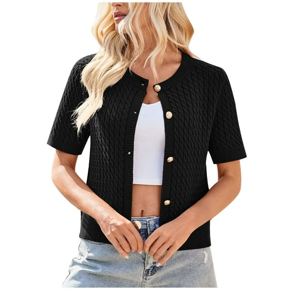Casual Jackets for Women Plus Size New Cardigan Sweaters for Women Fall Crew Neck Short Sleeve Button down Cropped Cable Knitted Coat Tops Black S