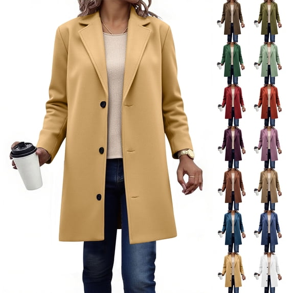 Casual Jackets for Women Solid Color Casual Thicken Wool Stand Collar Inner Lining Pocket Breasted Tweed Coat L