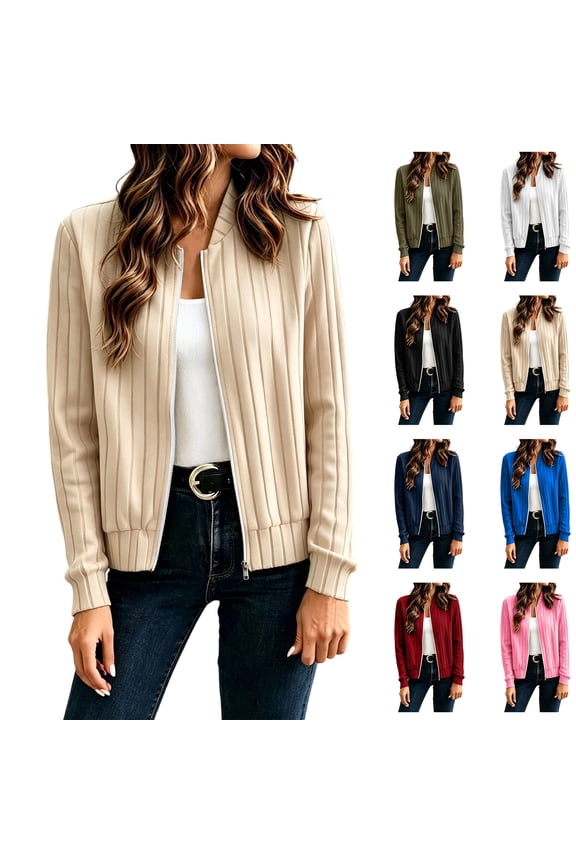 Casual Jackets for Women Vertical Rib Knit Zip Cardigan Long Sleeve Crew Neck Cropped Knit Sweater Jacket XXL