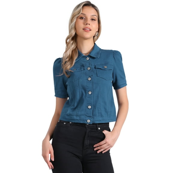 INSPIRE CHIC Women's Denim Jacket Short Puff Sleeves Turndown Collar Jean Jacket L Denim Blue
