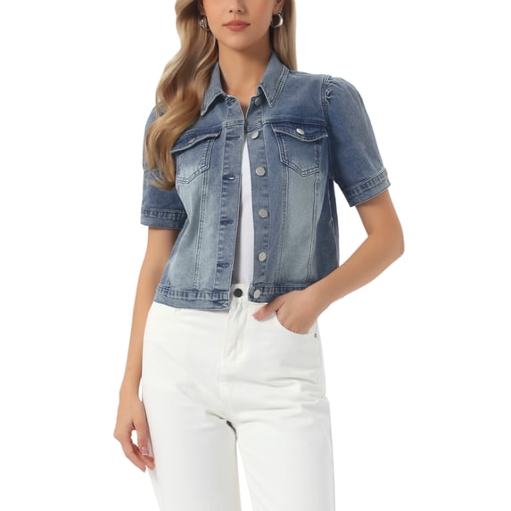 INSPIRE CHIC Women's Denim Jacket Short Puff Sleeves Turndown Collar Jean Jacket S Grey Blue