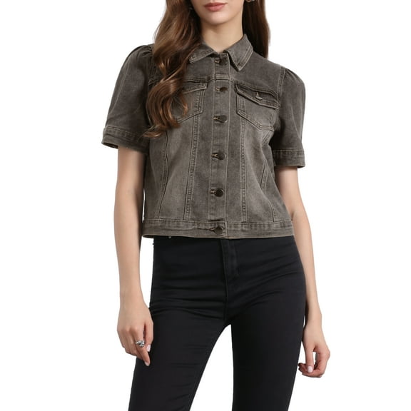 INSPIRE CHIC Women's Denim Jacket Short Puff Sleeves Turndown Collar Jean Jacket S Grey