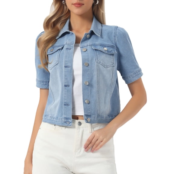 INSPIRE CHIC Casual Jean Jacket for Women's Short Puff Sleeves Button-Down Denim Jacket S Light Blue