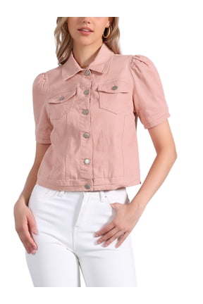 Women's Back to School Denim Jacket Short Puff Sleeves Turndown Collar Jean Jacket Pink XL