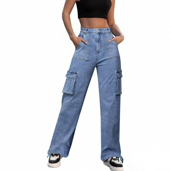 Casual Jeans for Women, Comdrip Women High Waisted Cargo Pants Wide Leg Casual Pants 6 Pockets Trousers Y2K Jeans Blue L