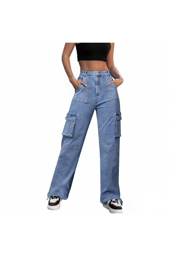 Casual Jeans for Women, Comdrip Women High Waisted Cargo Pants Wide Leg Casual Pants 6 Pockets Trousers Y2K Jeans Blue L