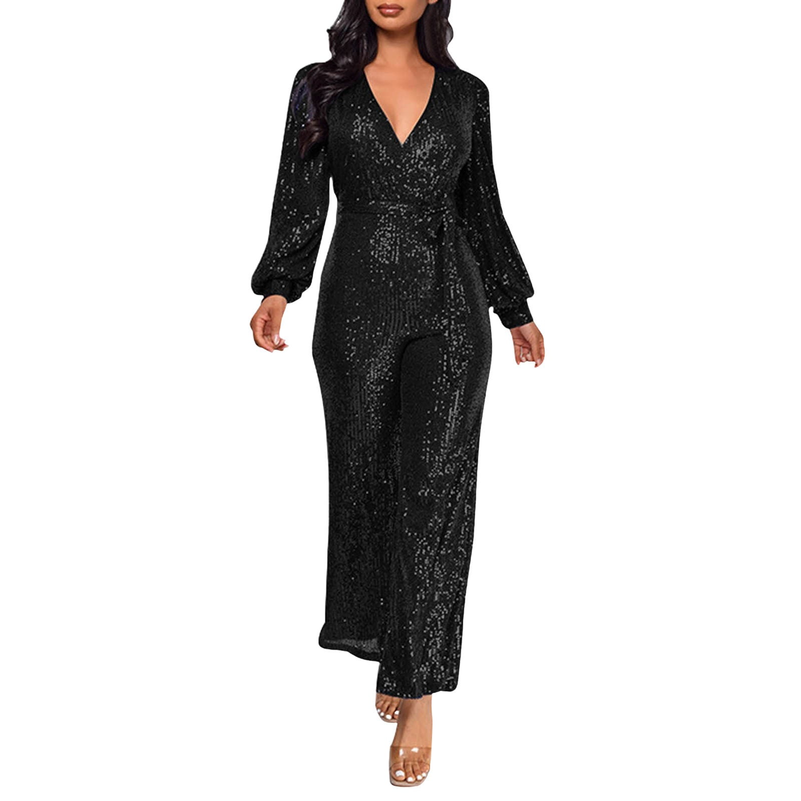Casual Jumpsuit Long Sleeve Belted Sequin Jumpsuit Pant Suits for