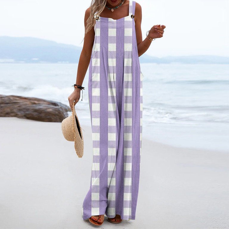 Casual Jumpsuit for Women Summer Button Strap Plaid Criss Cross