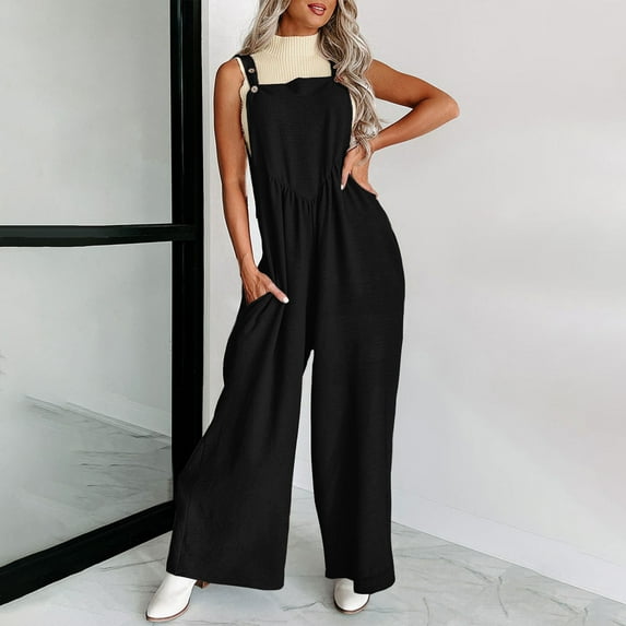 Casual Jumpsuit for Women Summer Button Strap Pleated Waffle Knit Jumper with Pocket Loose High Waist Wide Leg Outfits, Black, M